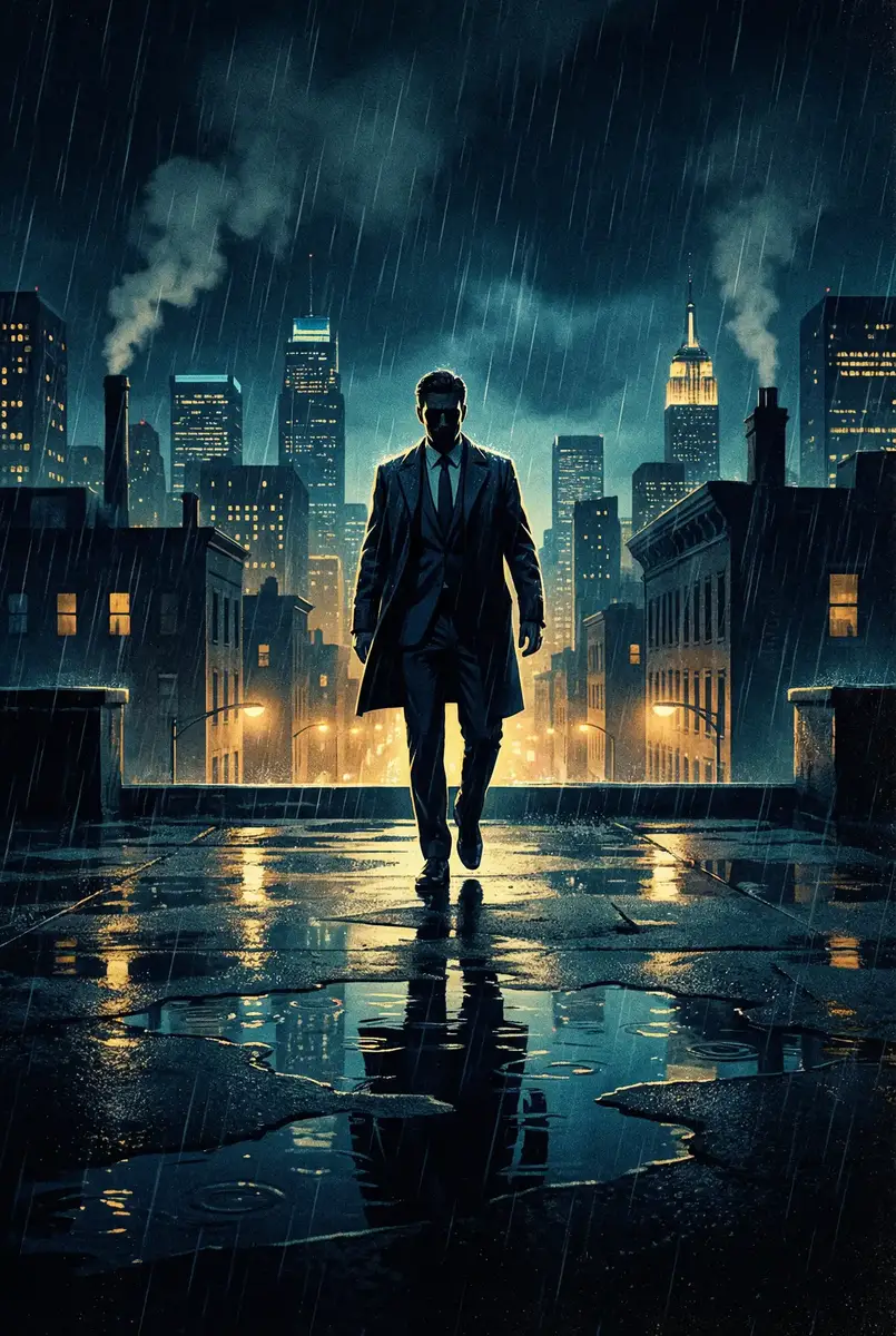 女友的妈妈 电影 出品影片《雨夜独行者》海报，雨中城市屋顶男性剪影